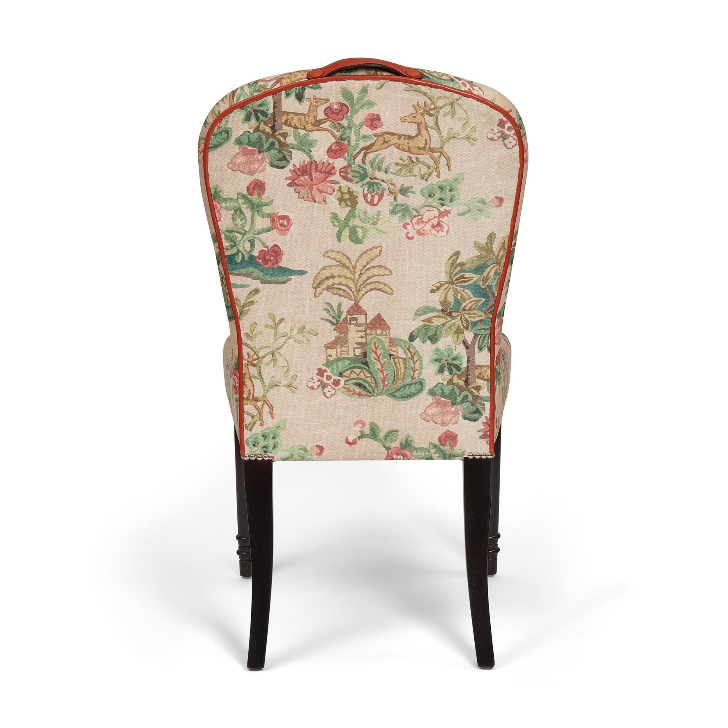 Decorative chair with floral and nature-themed pattern on a white background