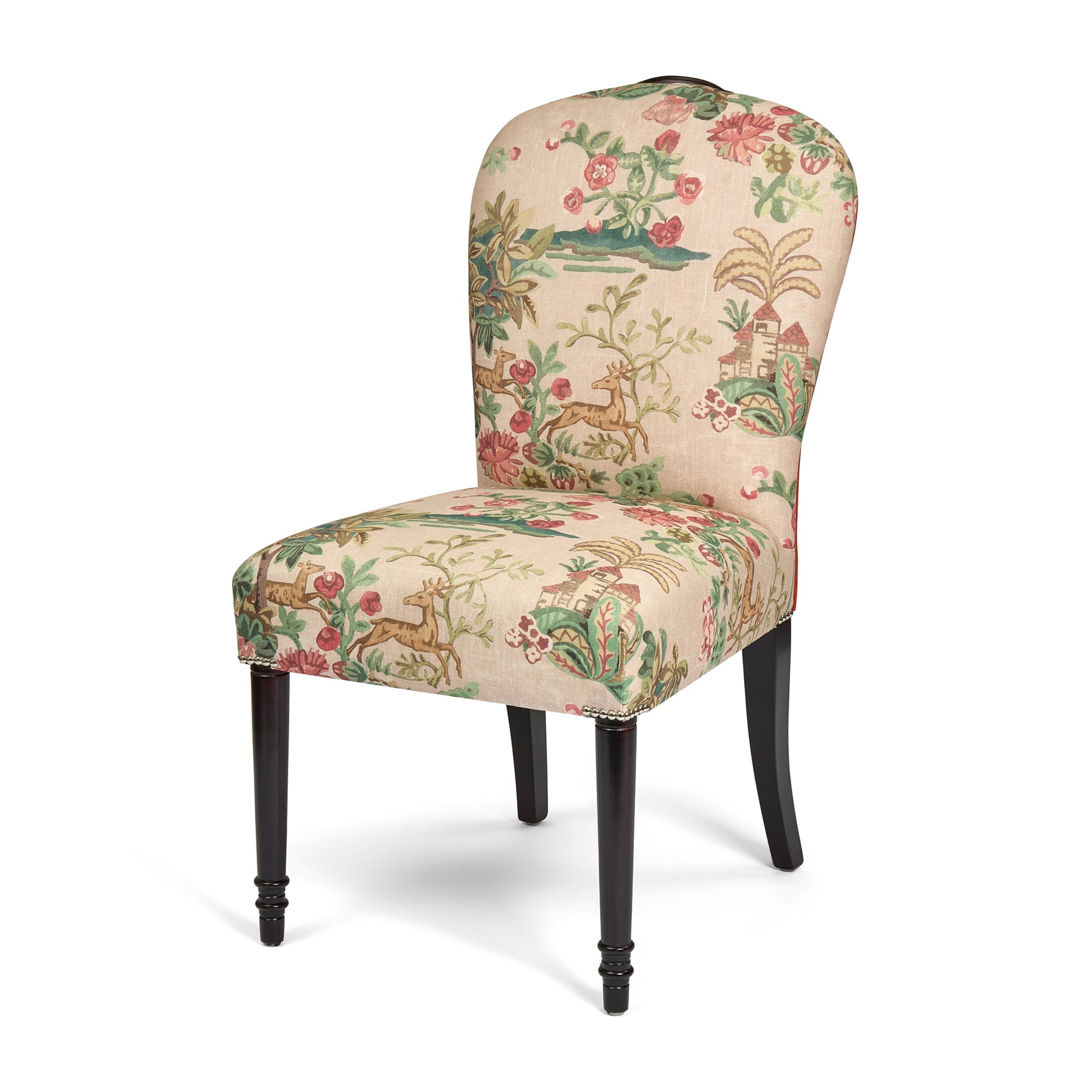 Decorative chair with floral and animal pattern on a white background