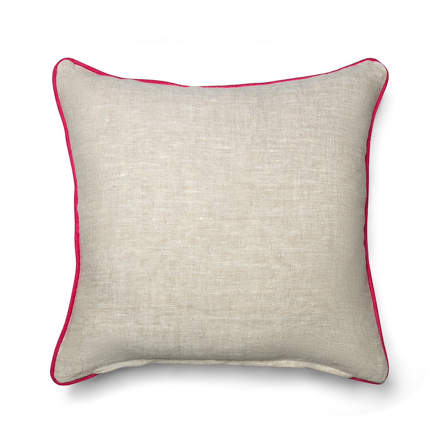 Sycamore cushion back in cotton fabric, oatmeal shade edged with pink piping, perfect for layering in any interior.