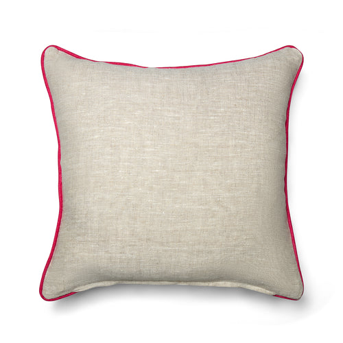 Sycamore cushion back in cotton fabric, oatmeal shade edged with pink piping, perfect for layering in any interior.