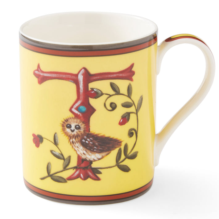 The red T on this lemon yellow mug forms an ideal perch for our small owl to survey the outlook for the day to come, amongst entwined rose hip.