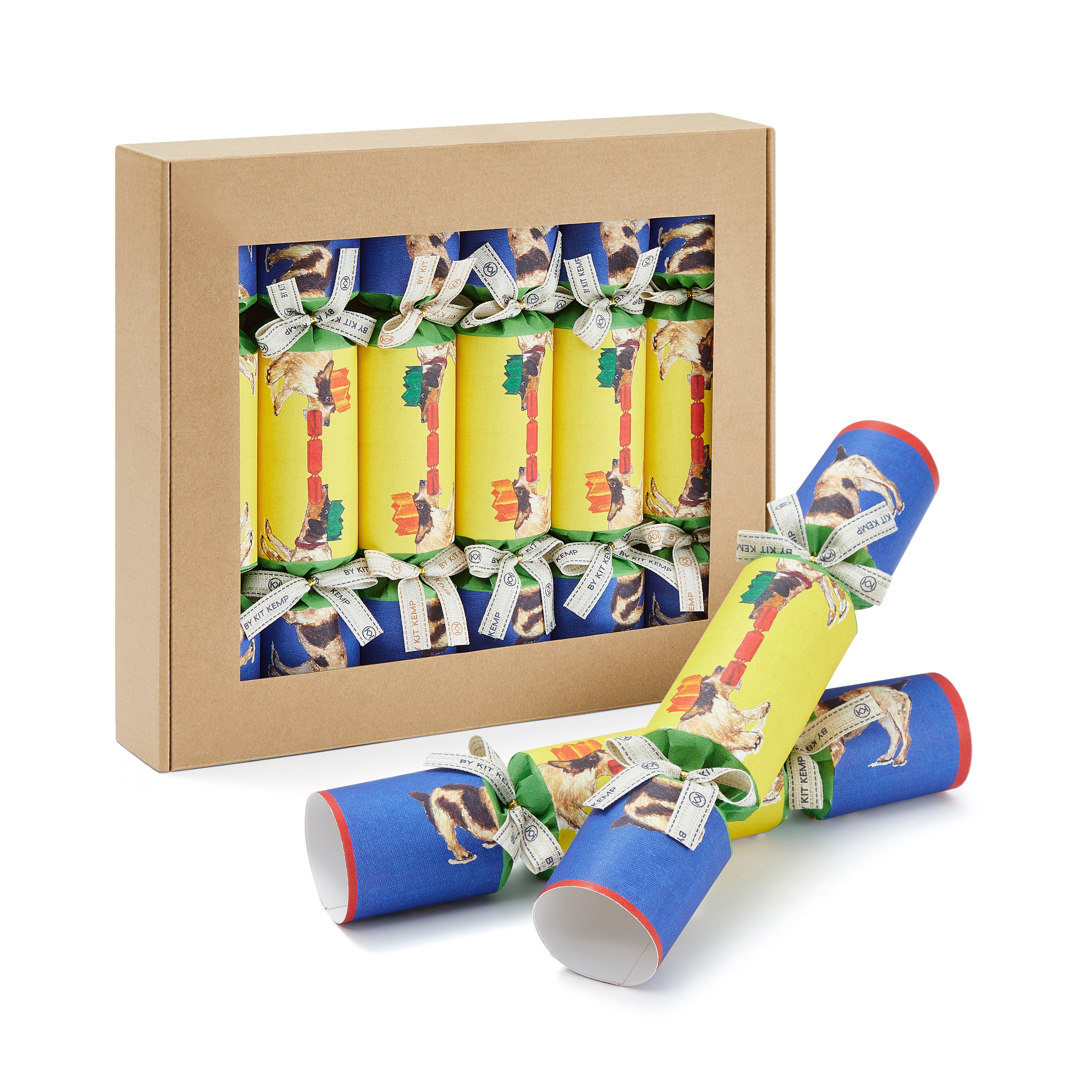 A set of six Christmas crackers with a dog theme, featuring illustrations of two long-haired Jack Russell dogs in party hats. Tied with ribbons, and presented in a cardboard box, these colourful festive crackers will bring a pop of colour to any holiday dining setting.