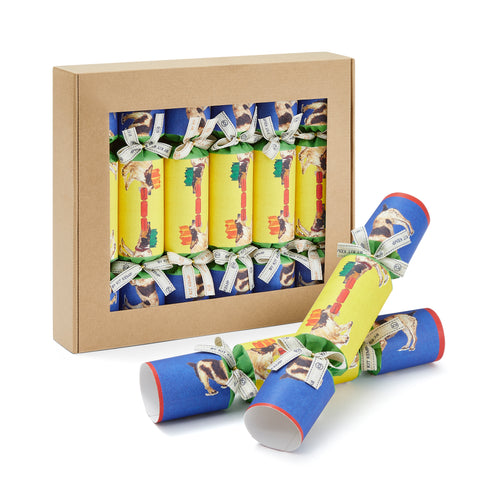 A set of six Christmas crackers with a dog theme, featuring illustrations of two long-haired Jack Russell dogs in party hats. Tied with ribbons, and presented in a cardboard box, these colourful festive crackers will bring a pop of colour to any holiday dining setting.