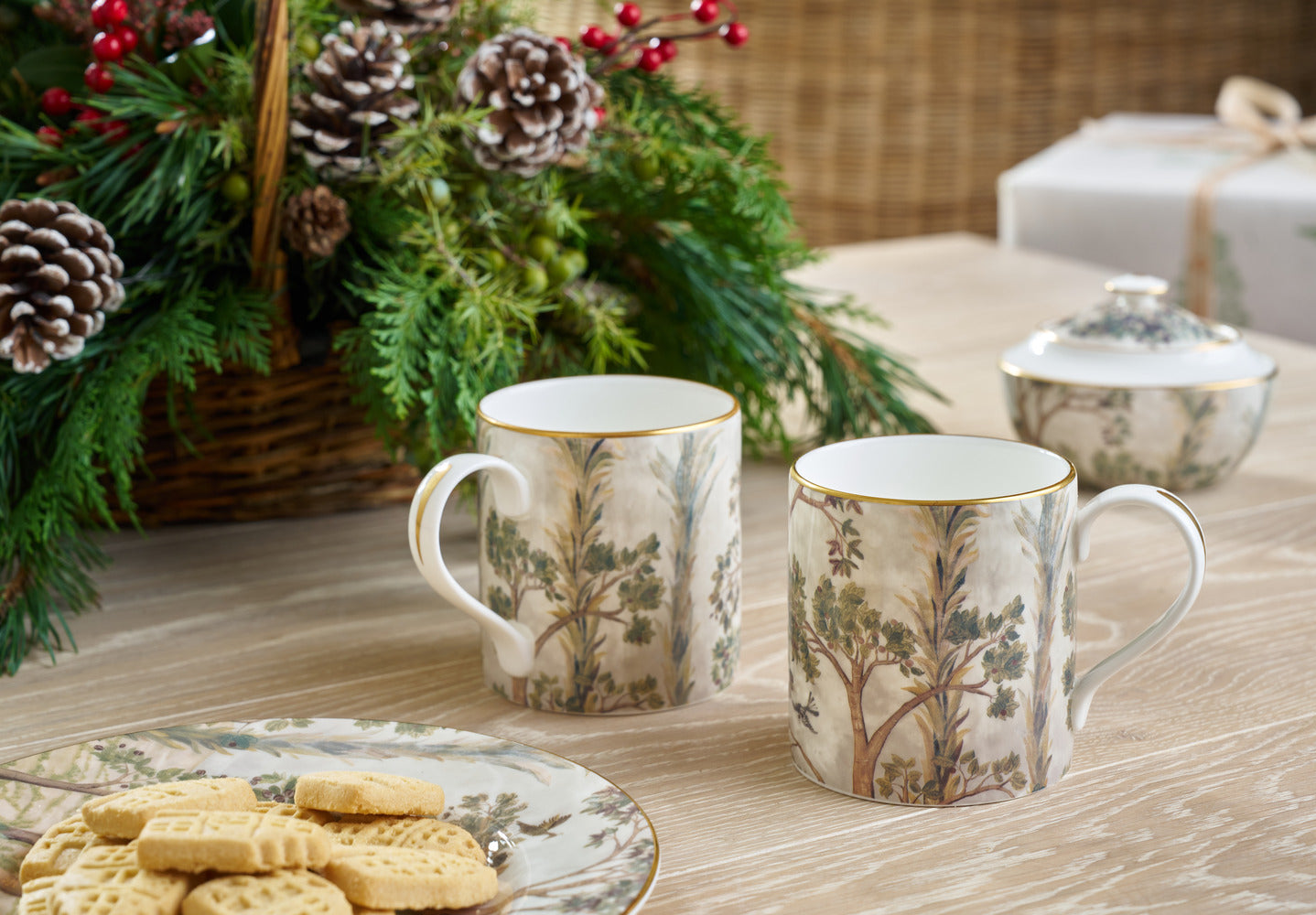 Christmas gifting with fine bone china coffee and tea mugs with iconic Tea Trees design printed on white china. Edged with gold, this set makes a luxurious and stylish festive gift.
