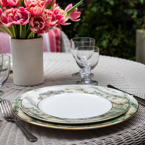 Kit Kemp's Tall Trees fine bone china dinner plate, for fine dining and casual outdoor tableware setting.