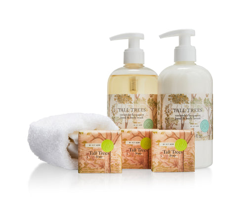 Kit Kemp's Tall Trees Hand Wash Gift Set is beautifully presented in the Mythical creatures gift box Size: 1 x 380ml Hand Wash, 1 x380ml Hand & Body Lotion 3x 50g Soaps, plus one cotton towelling flannel, and makes a perfect gift for any wellbeing and pampering enthusiast.