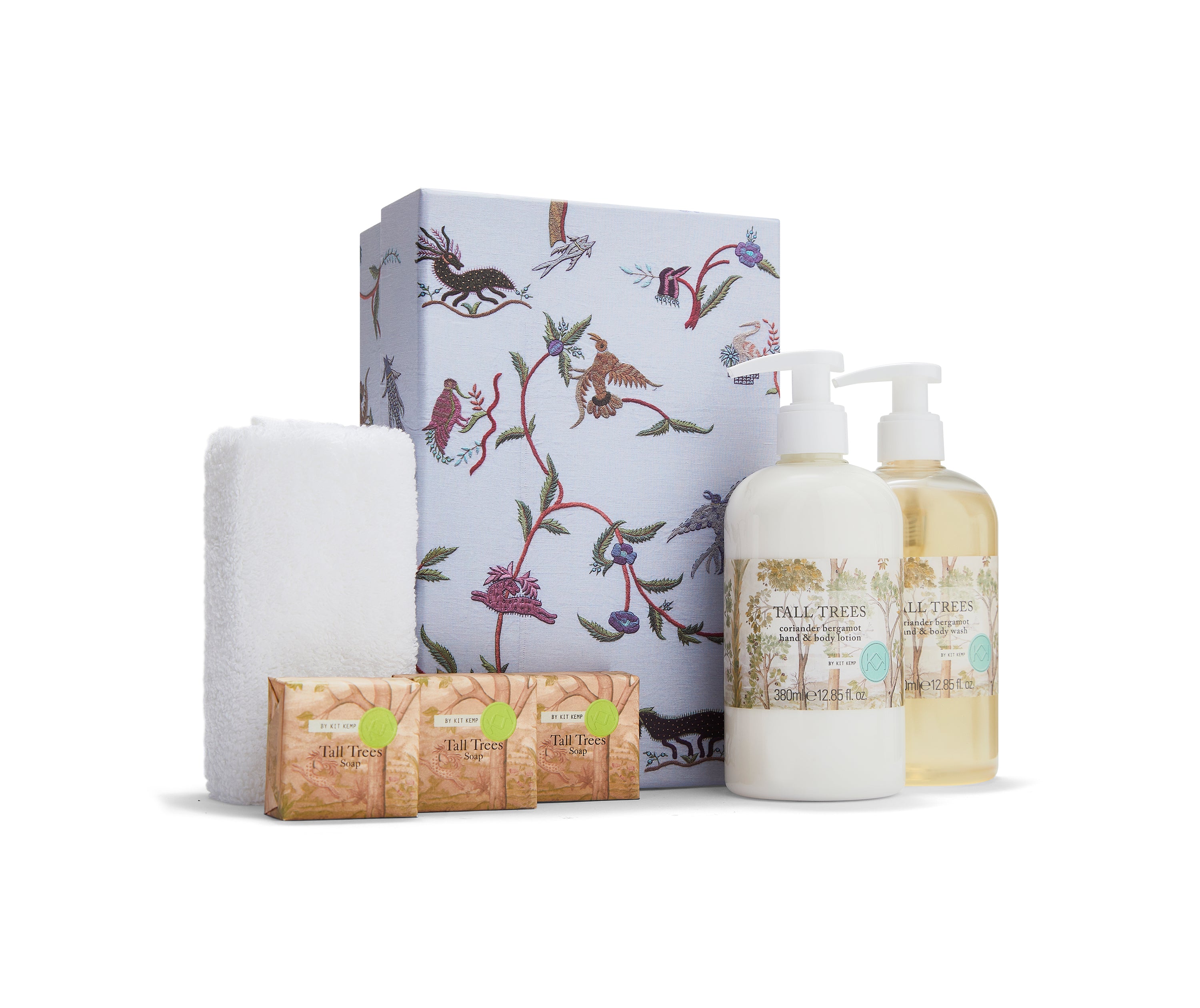 Kit Kemp's Tall Trees Hand Wash Gift Set, combines the zesty thrill of pink pepper with the earthy tones of cedar wood and purple patchouli, to create a scent of gentle well-being. And contains everything you could possible need, with hand wash, lotion, cotton flannel and 3x50g soap, beautifully presented in the Mythical creatures gift box Size: 1 x 380ml Hand Wash, 1 x380ml Hand & Body Lotion 3x 50g Soaps, plus one cotton towelling flannel