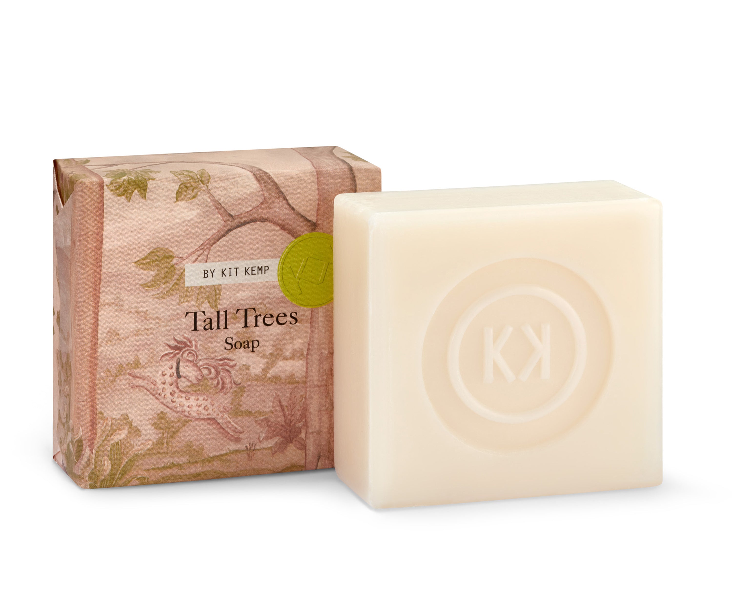 Tall Trees soap with Kit Kemp initials logo embossed in the nourishing block, perfect to make a statement in any bathroom, or gift to loved ones.