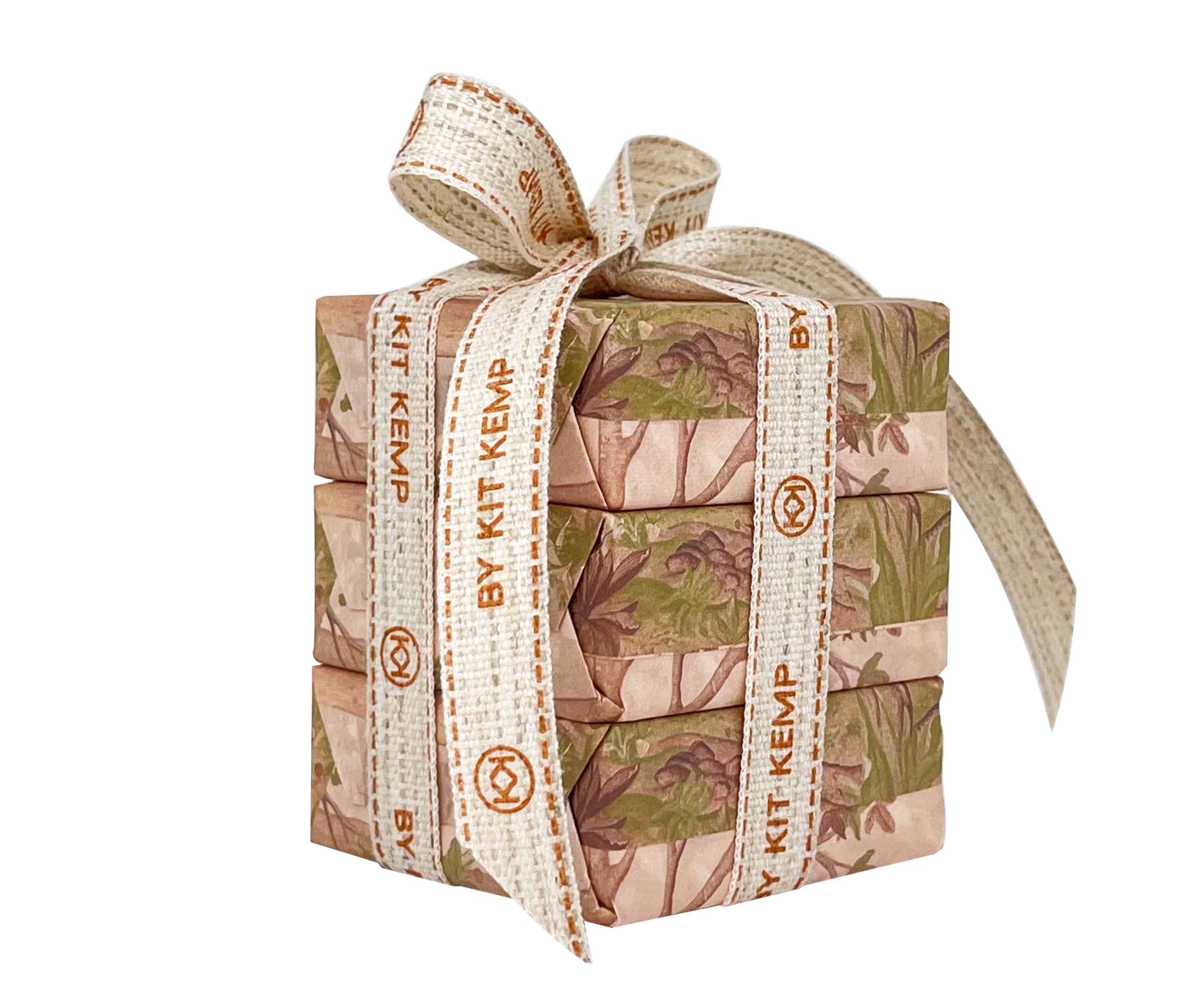 Wrapped in cotton ribbon, three large Tall Trees soaps are ready for gifting and displaying in bathroom for a joyful touch of English garden design.
