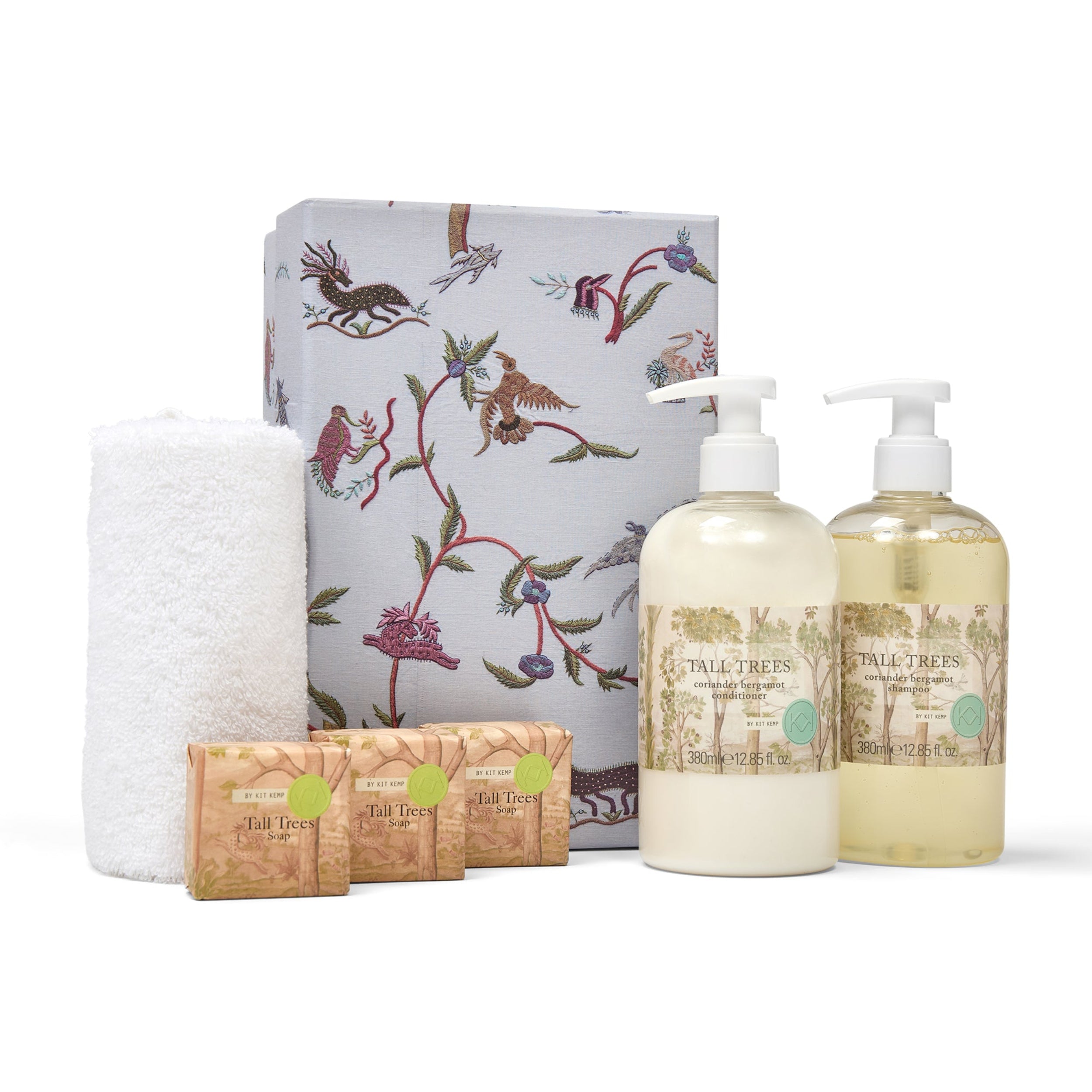 Bath and body products with a decorative box on a white background