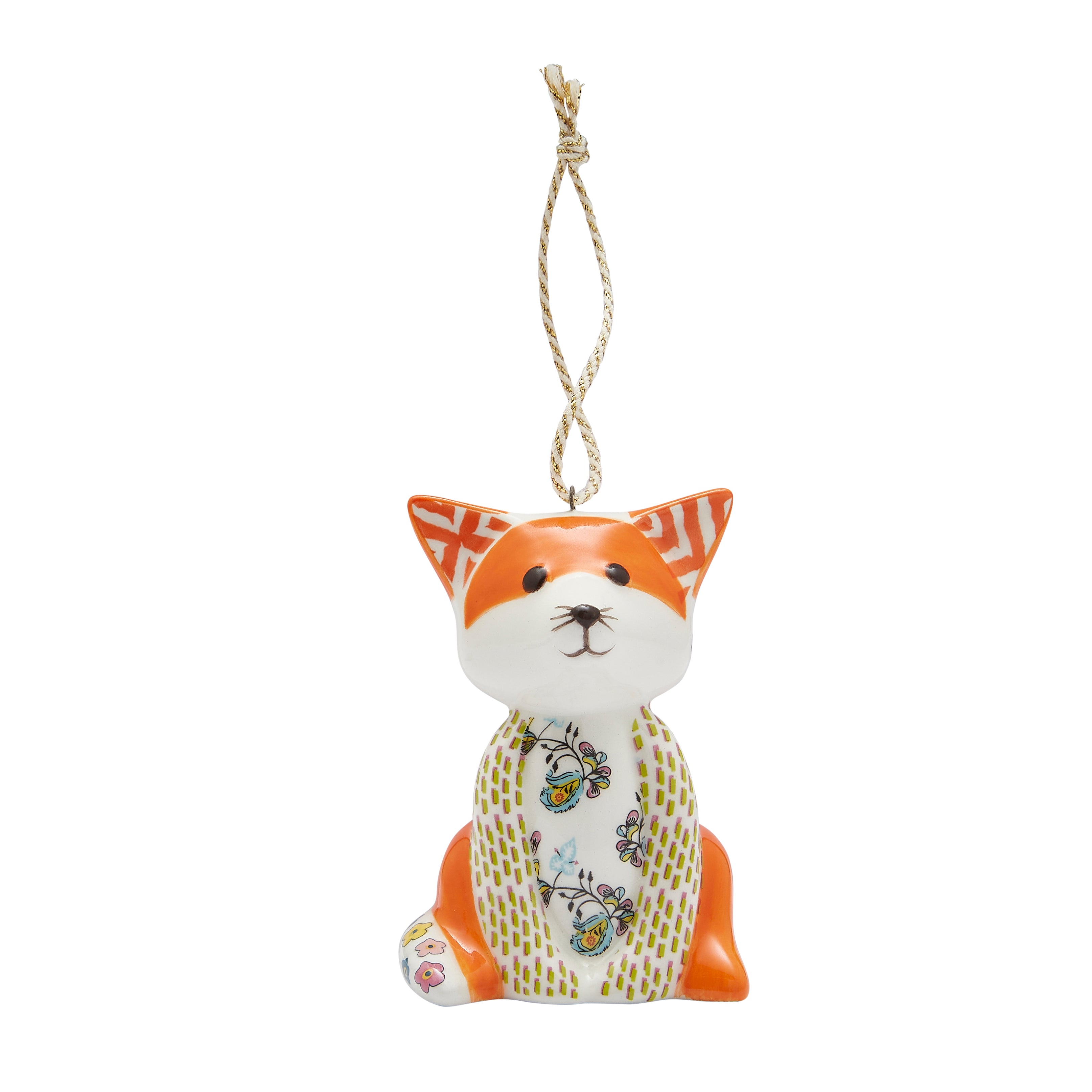 The Kit Kemp for Spode Patchwork Animal Tally Ho Fox fine china Ornament. This sophisticated decoration features a sitting fox with a vibrant orange and white face, a patterned head with subtle gold detailing, and a white body decorated in a green dotted, floral patchwork design. A truly unique, stylish, and high-quality collectible piece that brings designer style to your Christmas tree.