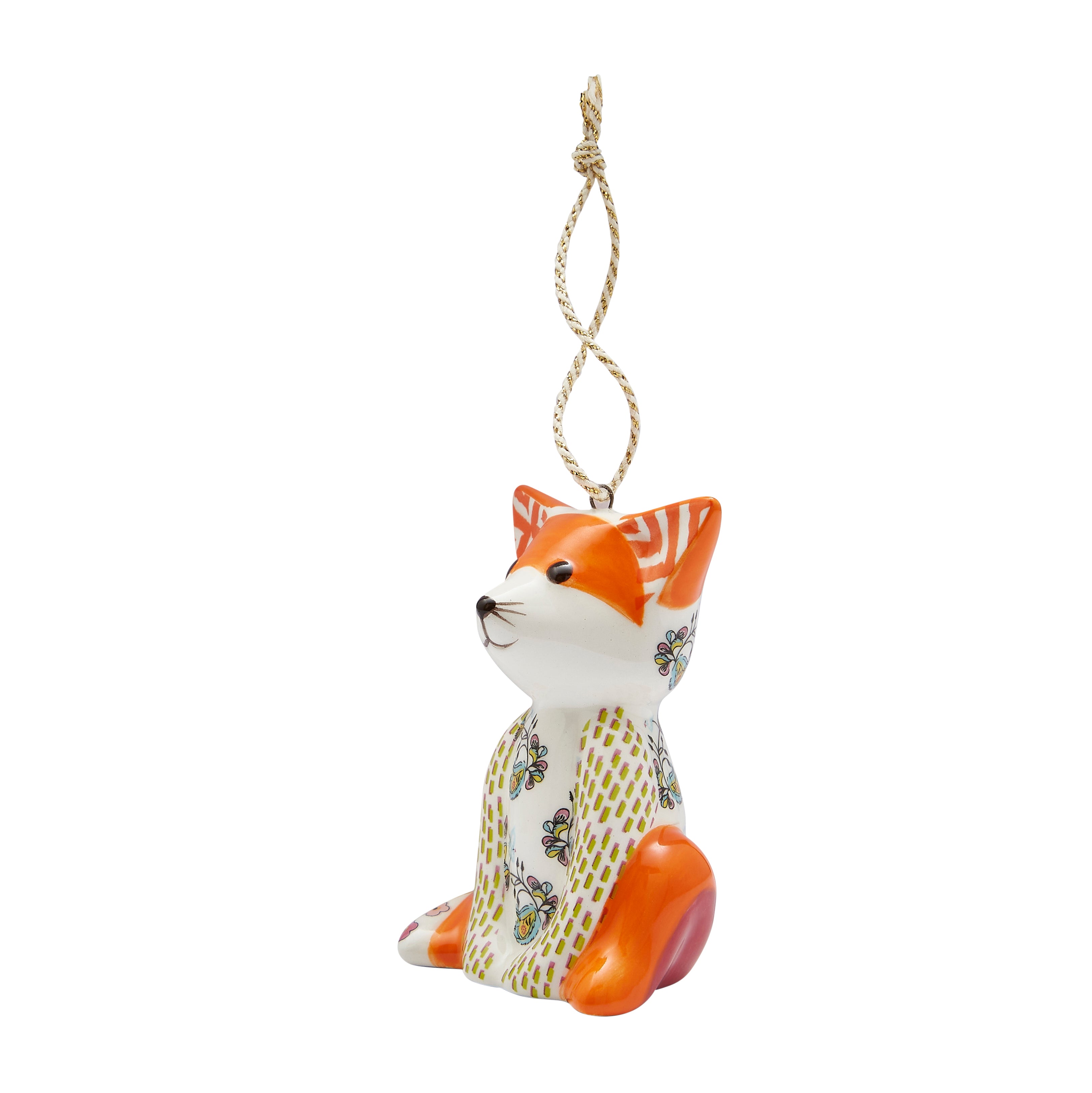 A beautifully designed Tally Ho Fox fine china Ornament from the coveted Kit Kemp for Spode collection. The fox is adorned with a decorative patchwork pattern on its body and a striking orange and white geometric pattern on its head, enhanced by fine gold accents. This collectible ornament is a perfect way to inject vibrant, designer character into your festive decor.