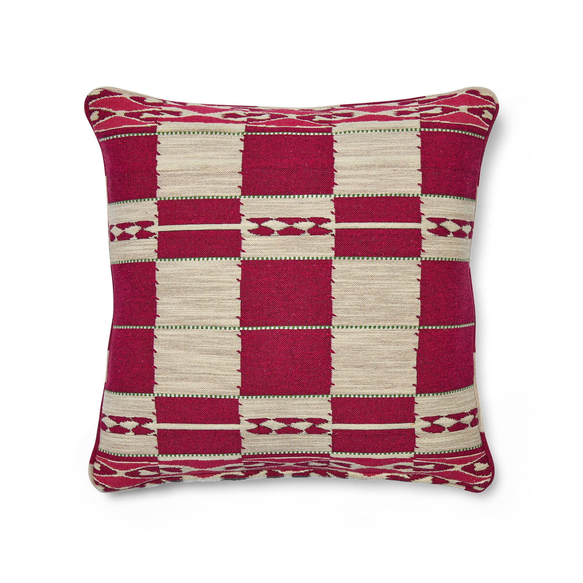 An eco-friendly statement cushion handcrafted in the UK using upcycled leftover fabrics from Kit Kemp Design Studio projects. Combining "Tasha's Trip" floral embroidery with a "Chubby Check" raspberry woven backdrop, this sustainable design offers a unique way to add "Flower Power" energy to a room. The 45cm x 45cm cushion is finished with a refined piped edge.