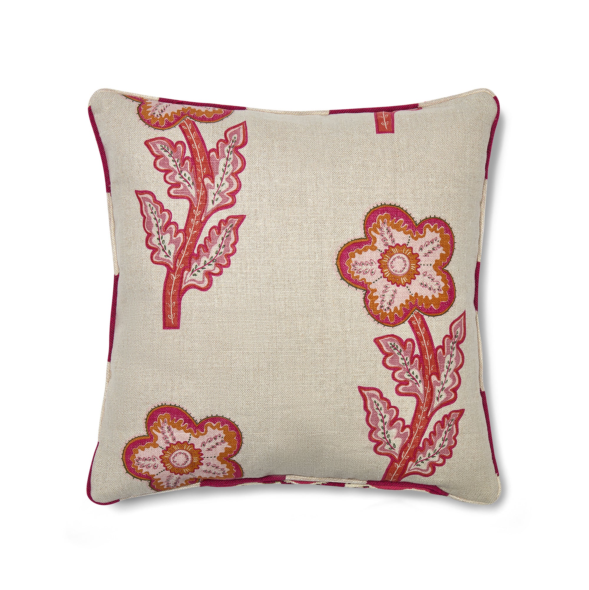 A decorative cushion featuring a creative patchwork of two signature Kit Kemp fabrics. The front displays "Tasha’s Trip," a vibrant 70s-inspired floral motif in pink and orange on a neutral linen base, while the sides and back showcase "Chubby Check," a bold raspberry and cream chequered pattern inspired by antique blankets. This piece reimagines "Flower Power" for modern interiors with a sophisticated, heritage-inspired twist.