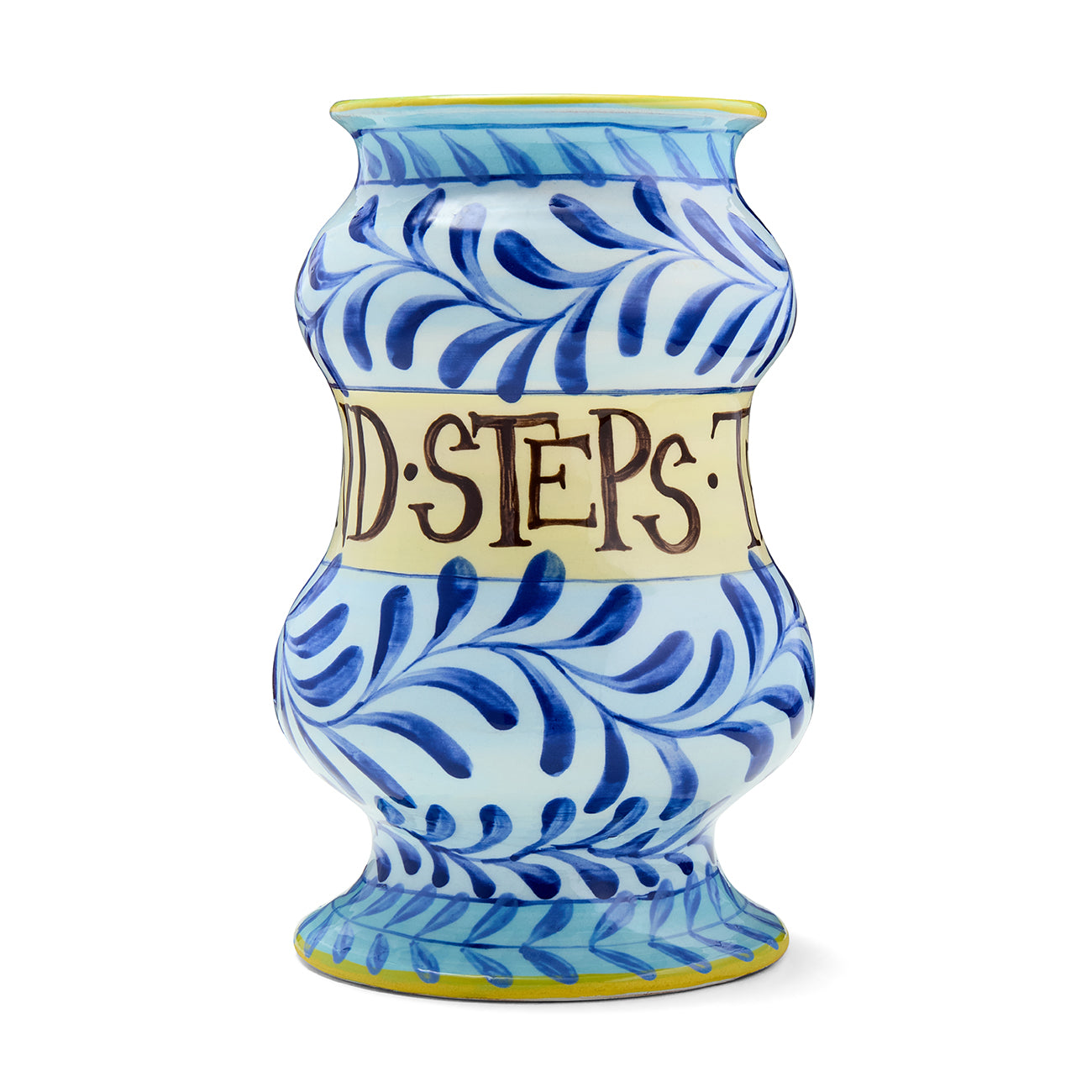 Decorative Albarello jar by Katrin Moye, titled Ten Thousand Steps, with blue and yellow tones, and wellness lifestyle inspired brushstrokes.
