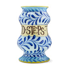 Decorative Albarello jar by Katrin Moye, titled Ten Thousand Steps, with blue and yellow tones, and wellness lifestyle inspired brushstrokes.