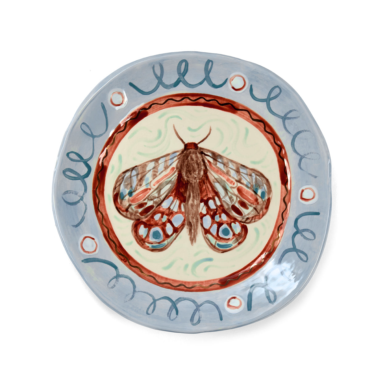 Sasha Compton plate titled The Garden Moth Small But Mighty is exclusive artwork for Shop Kit Kemp, handmade and glazed with 24 carat gold details around the edges
