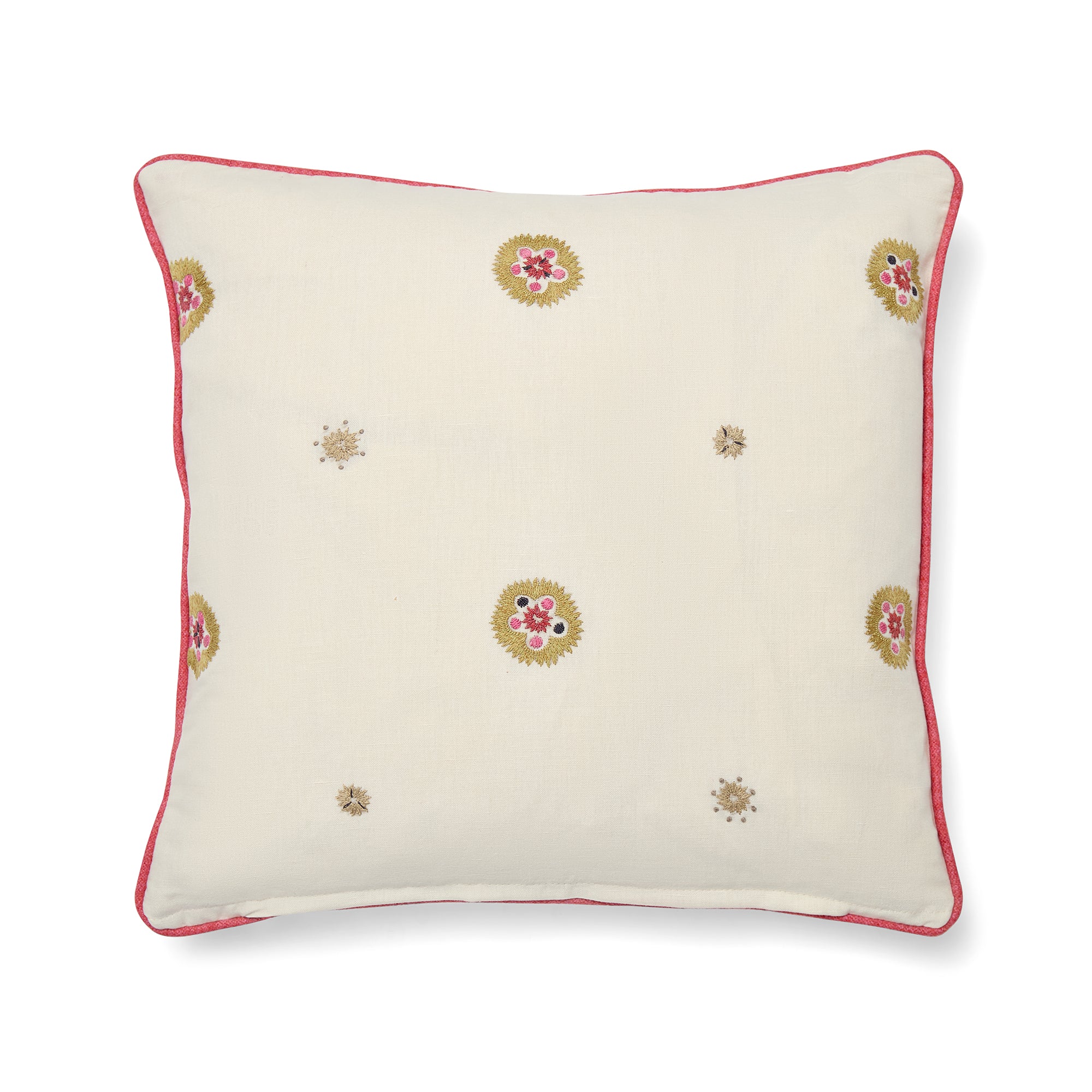 Kit Kemp Suzani design cushion for Chelsea Textiles, 41cm x 41cm (16in x 16in). Features hand-embroidered floral motifs in shades of red and pink on a cream linen-cotton background, elegantly finished with pink piping. Handcrafted in the UK using bespoke project offcuts for a sustainable, one-of-a-kind finish.