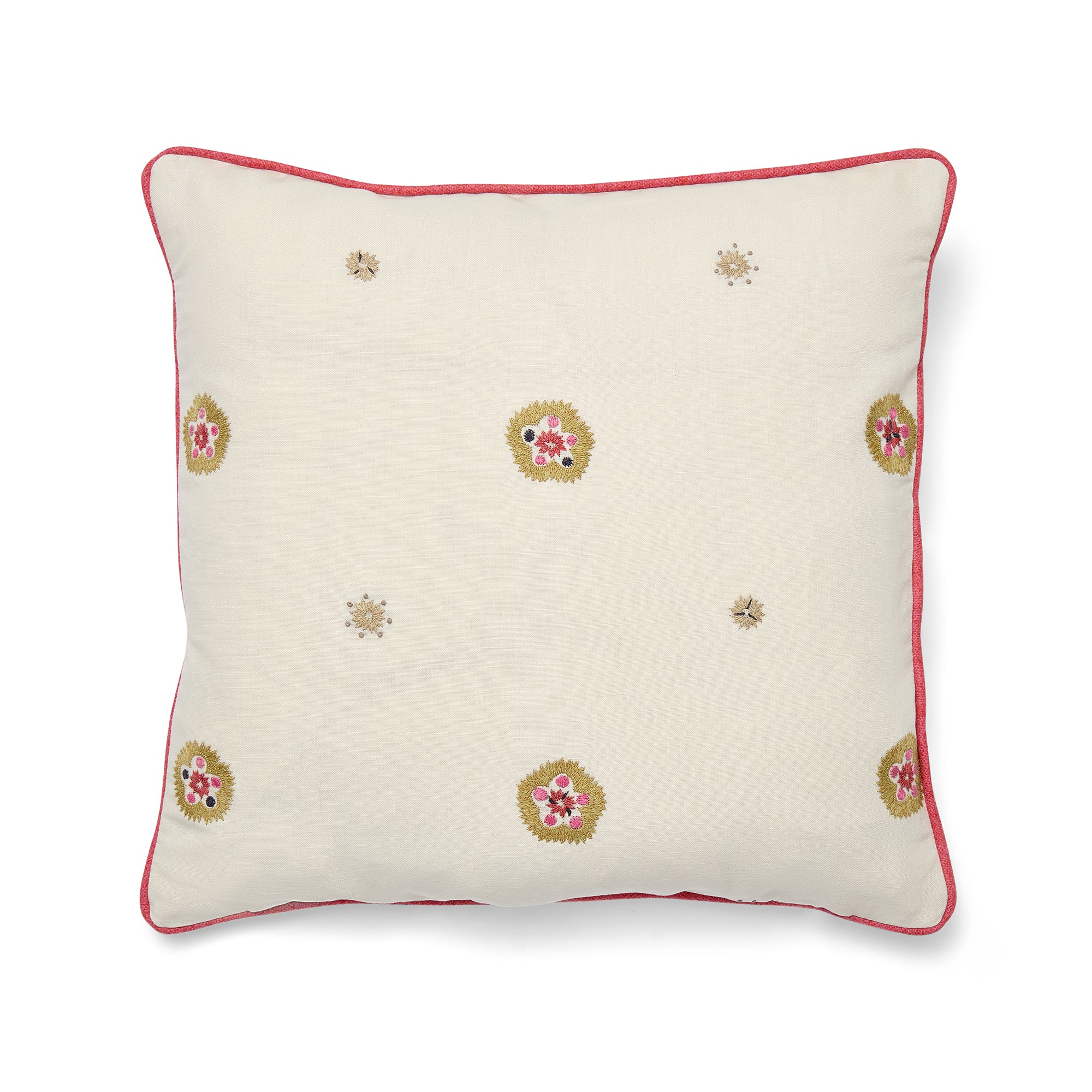 A square 41cm x 41cm (16in x 16in) Kit Kemp for Chelsea Textiles cushion, crafted from a premium 55% linen and 45% cotton blend. The cream fabric features a hand-embroidered Suzani design with repeating floral motifs in warm pinks, reds, and mauves. Finished with joyful pink piping, the bespoke fabric placement ensures each handmade piece is unique.