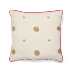 A square 41cm x 41cm (16in x 16in) Kit Kemp for Chelsea Textiles cushion, crafted from a premium 55% linen and 45% cotton blend. The cream fabric features a hand-embroidered Suzani design with repeating floral motifs in warm pinks, reds, and mauves. Finished with joyful pink piping, the bespoke fabric placement ensures each handmade piece is unique.