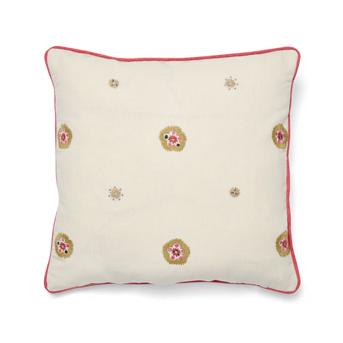 A square 41cm x 41cm (16in x 16in) Kit Kemp for Chelsea Textiles cushion, crafted from a premium 55% linen and 45% cotton blend. The cream fabric features a hand-embroidered Suzani design with repeating floral motifs in warm pinks, reds, and mauves. Finished with joyful pink piping, the bespoke fabric placement ensures each handmade piece is unique.