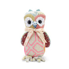 Hand-crafted decorative owl toy by Kit Kemp, featuring a unique patchwork design made from upcycled designer fabrics with intricate pink embroidery, colourful wings, and a branded "By Kit Kemp" ribbon bow.