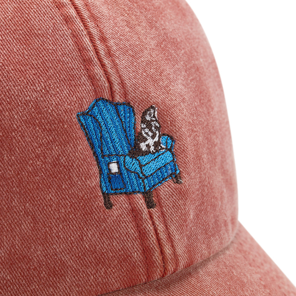 Unisex red cotton baseball cap with doodles top dog embroidery design