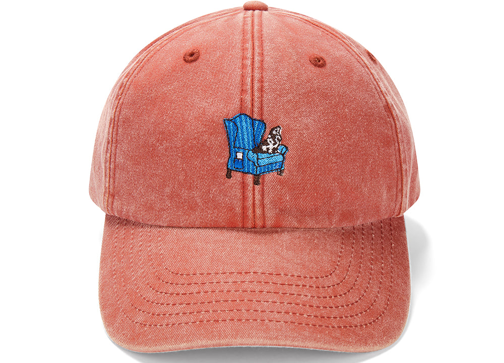 Unisex red cotton baseball cap with top dog embroidery design