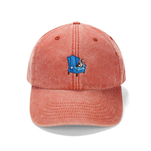 Unisex red cotton baseball cap with top dog embroidery design
