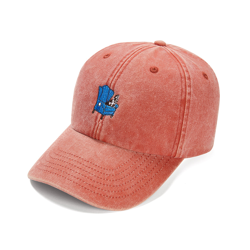 Unisex red cotton baseball cap with doodles top dog embroidery design