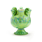 Green ceramic vase with floral patterns inspired by the 17th century European Delftware. Artist, Katrin Moye, for Shop Kit Kemp.