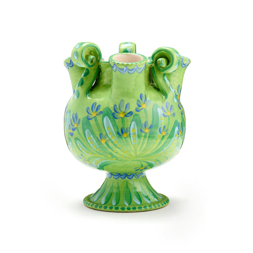 Green ceramic vase with floral patterns inspired by the 17th century European Delftware. Artist, Katrin Moye, for Shop Kit Kemp.