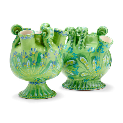 Pair of Tulip Vases with spout top, in striking green exterior featuring vibrant flowers with blue petals.