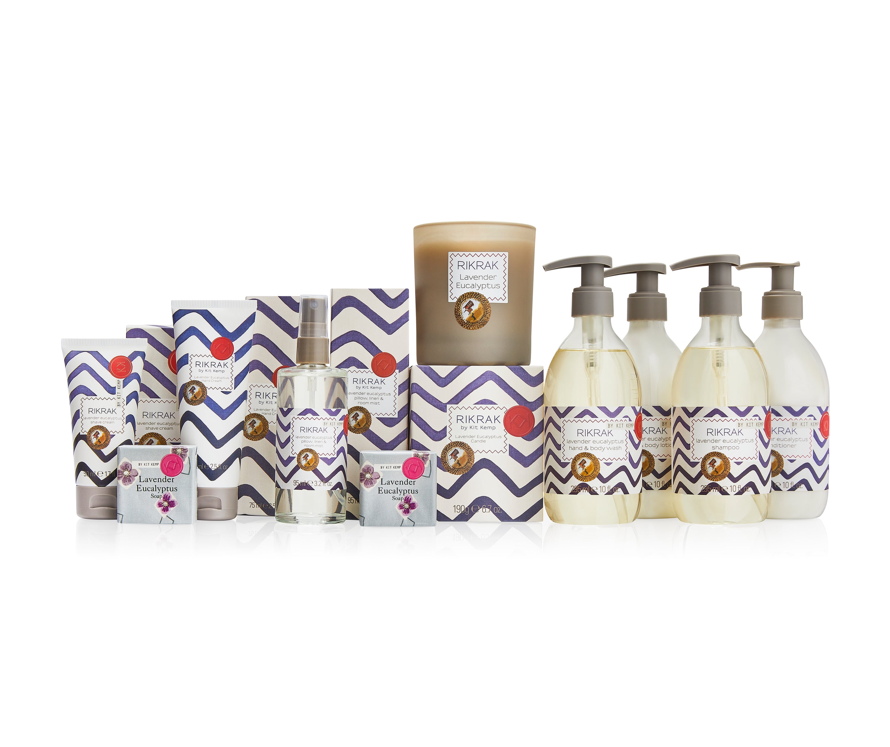 A complete Lavender and Eucalyptus range, presented in a decorated box and ready for gifting for any Kit Kemp and bathroom rituals lover.