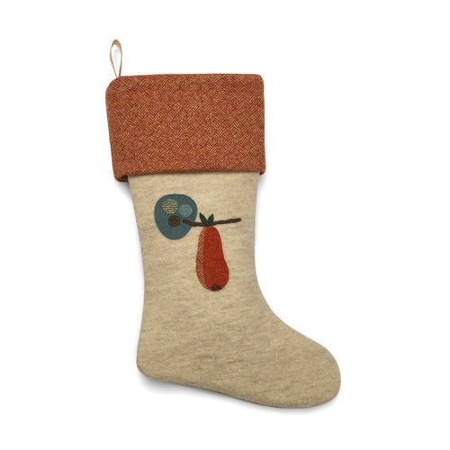 Christmas stocking with pear tree applique design handstitched on pure wool background.