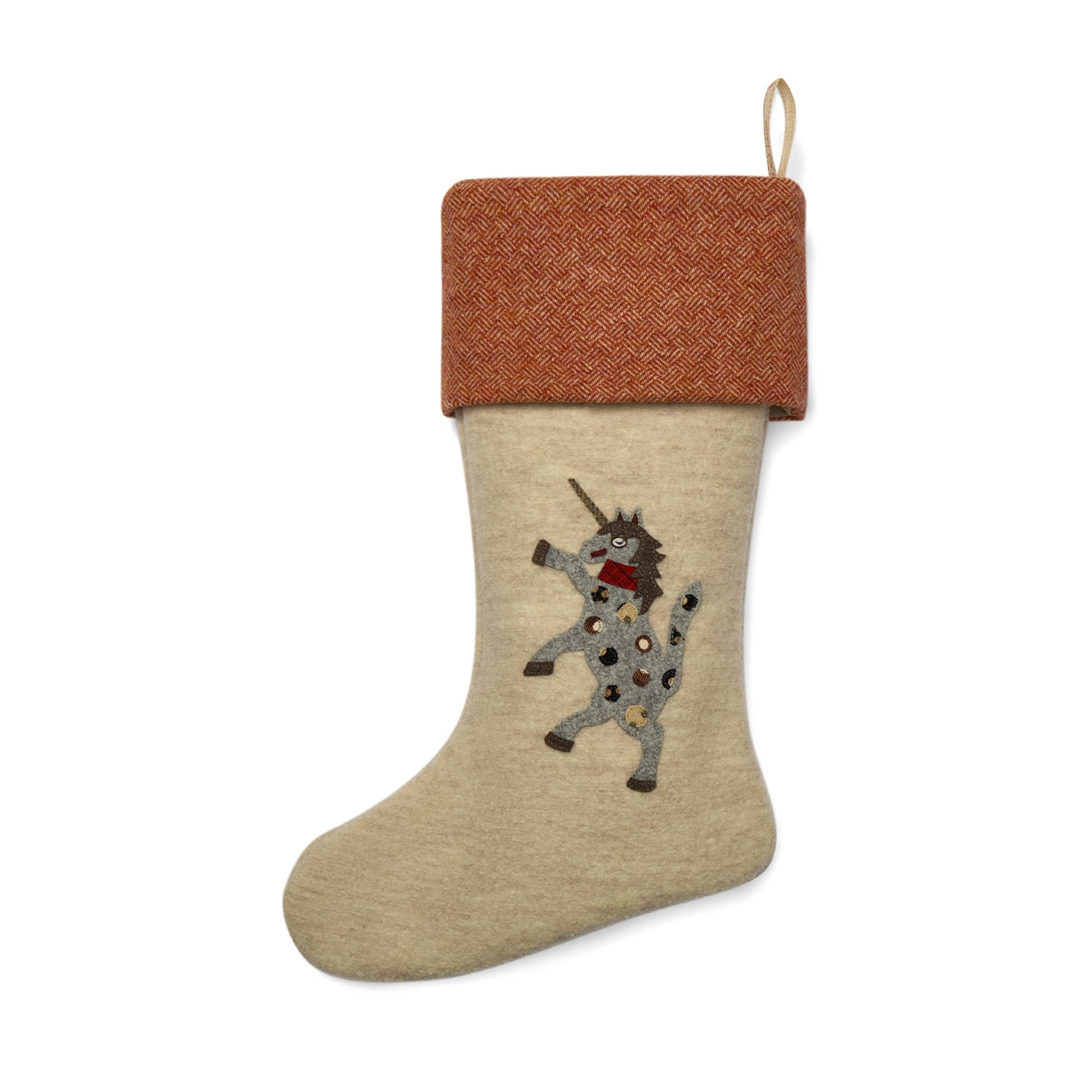 Boiled wool stocking with hand stitched applique of flying unicorn, finished with kit kemp fabric border and ribbon. 
