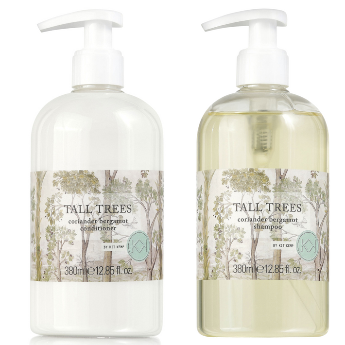 The Tall Trees Shampoo, is a clear shampoo presented in 380ml clear bottle, with white pump, with the Tall Trees design, a print in sepia tones, of beige and green, used on the label, shown with the conditioner.