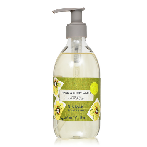 A 295ml plastic bottle of hand and body wash with pump dispenser scented with Gardenia Sandalwood. Label has a green friendly flowers design applied.