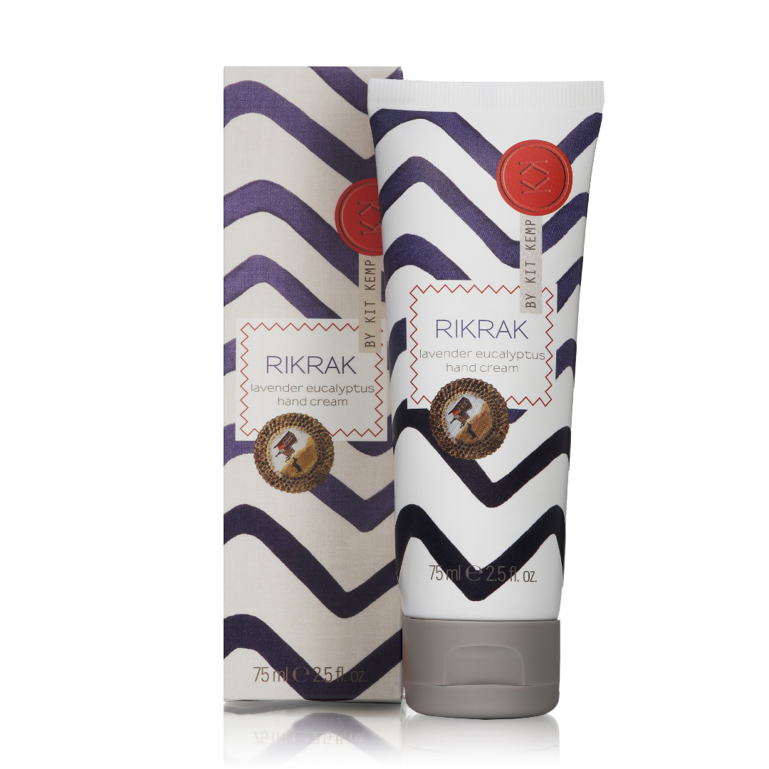 Packaging box and tube of Rik Rak Lavender Eucalyptus hand cream 75ml. Label has a blue rick rack design applied.