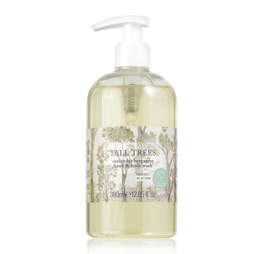 The Tall Trees Hand and Body Wash, is a clear liquid soap presented in 380ml clear bottle, with white pump, with the Tall Trees design, a print in sepia tones, of beige and green, used on the label.