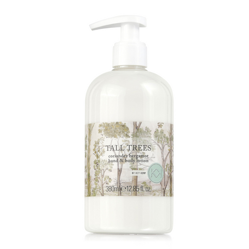 The Tall Trees Hand and Body Lotion , is a white lotion presented in 380ml clear bottle, with white pump, with the Tall Trees design, a print in sepia tones, of beige and green, used on the label.