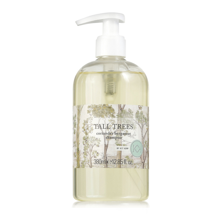 The Tall Trees Shampoo, is a clear shampoo presented in 380ml clear bottle, with white pump, with the Tall Trees design, a print in sepia tones, of beige and green, used on the label.