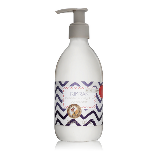 A 295ml plastic bottle of conditioner with pump dispenser scented with Lavender Eucalyptus. Label has a blue rick rack design applied.