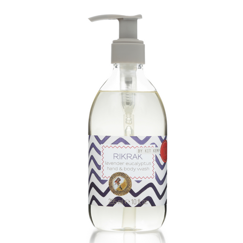 A 295ml plastic bottle of hand and body wash with pump dispenser scented with Lavender Eucalyptus. Label has a blue rick rack design applied.