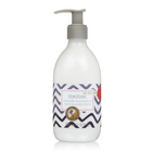 A 295ml plastic bottle of hand and body lotion with pump dispenser scented with Lavender Eucalyptus. Label has a blue rick rack design applied.