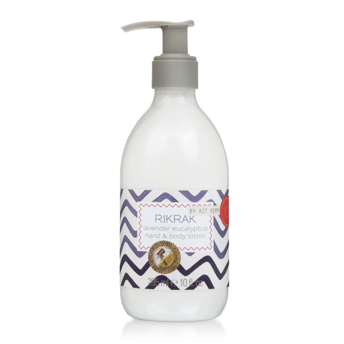 A 295ml plastic bottle of hand and body lotion with pump dispenser scented with Lavender Eucalyptus. Label has a blue rick rack design applied.