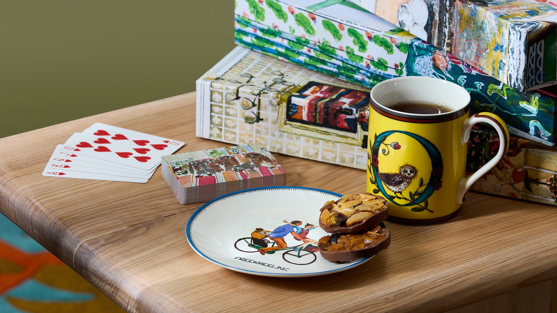Perfect Valentines gift with sharing plates, personalised mugs with initials, board games jigsaws named after favourite Firmdale nooks, and play cards. Exclusively at Shop Kit Kemp.