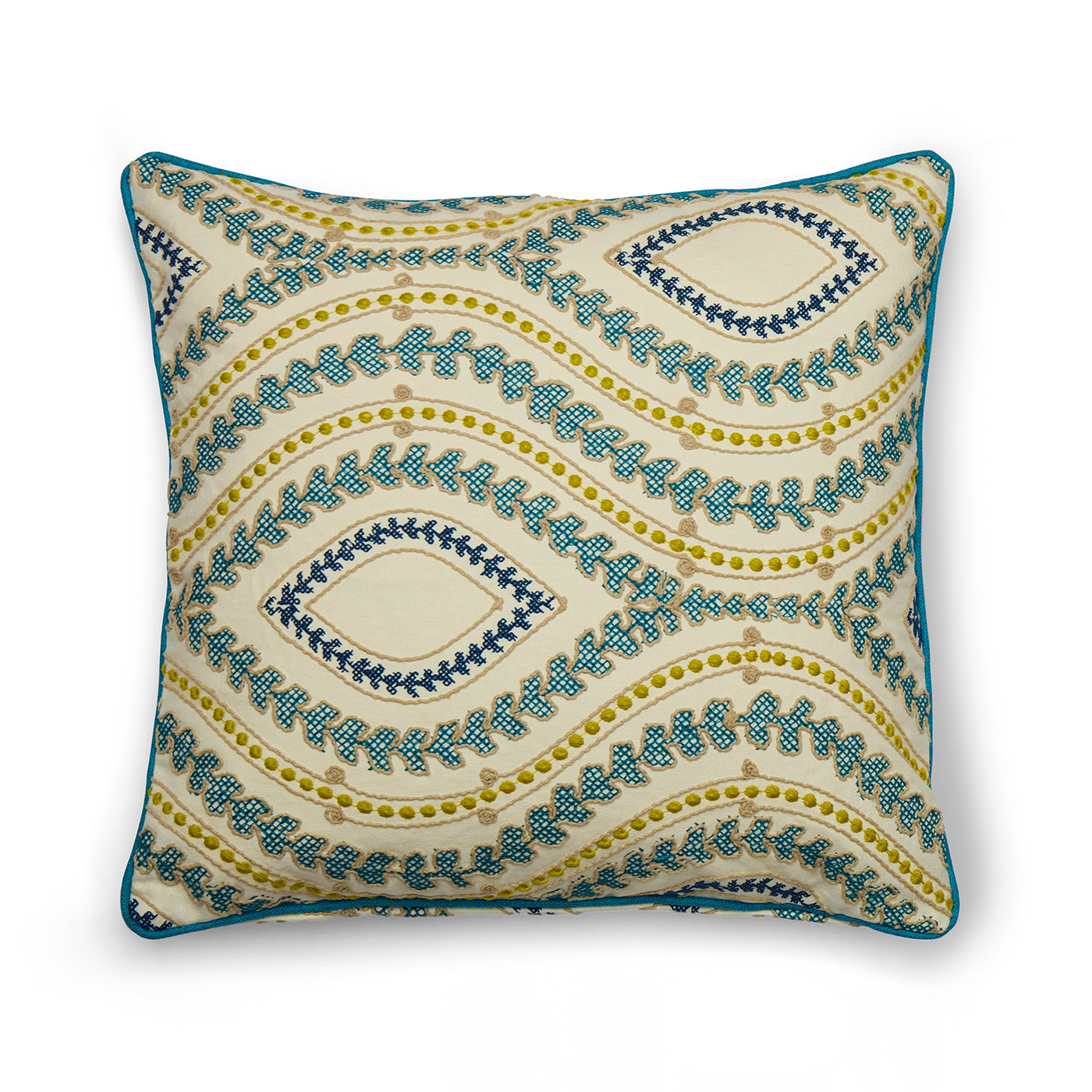 Luxurious embroidered cushion with a sophisticated geometric design. The undulating lines and diamond shapes of the pattern create a visually complex and refined look, finished with sharp, contrasting teal piping for a bespoke feel.
