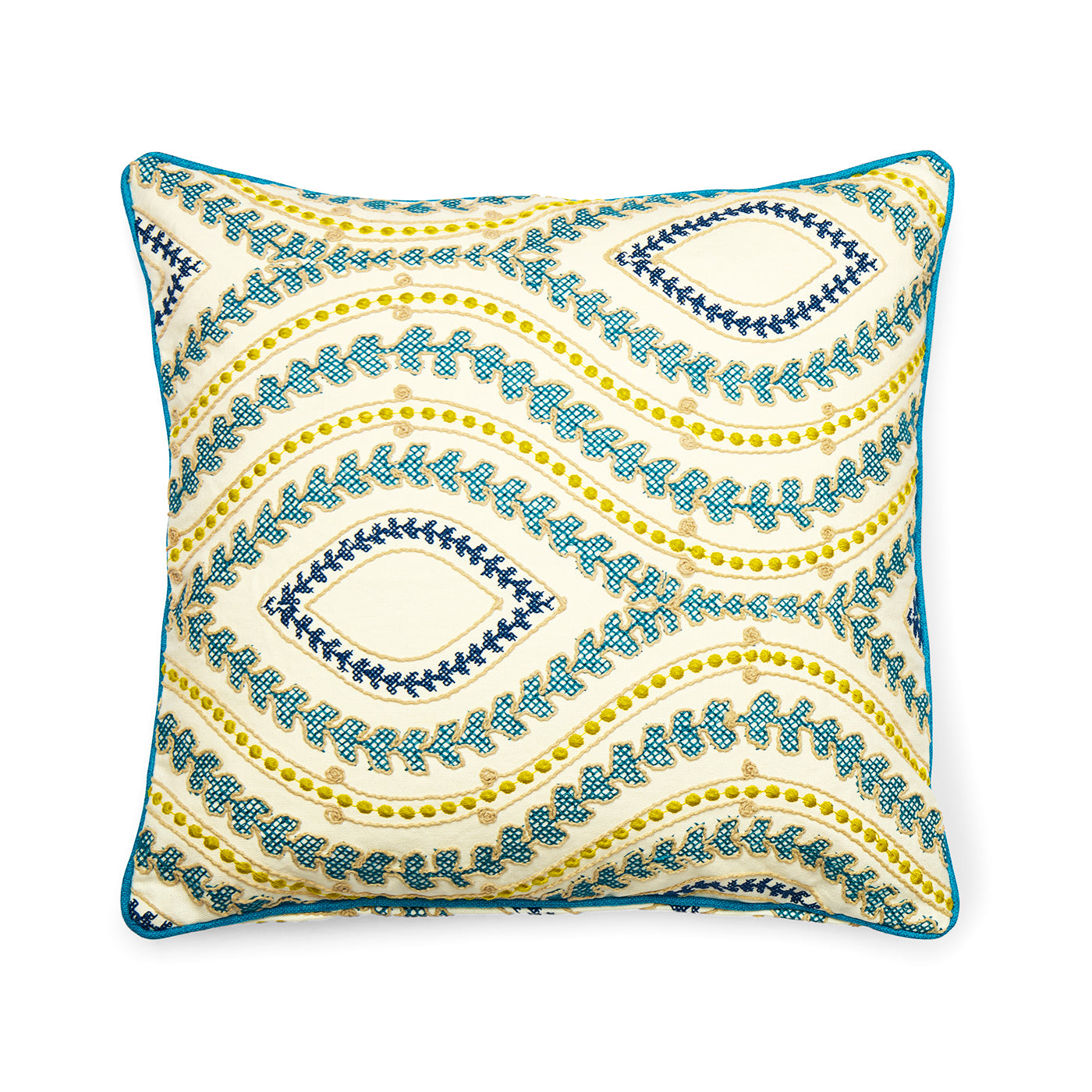 Luxurious embroidered cushion with a sophisticated geometric design. The undulating lines and diamond shapes of the pattern create a visually complex and refined look, finished with sharp, contrasting teal piping for a bespoke feel.