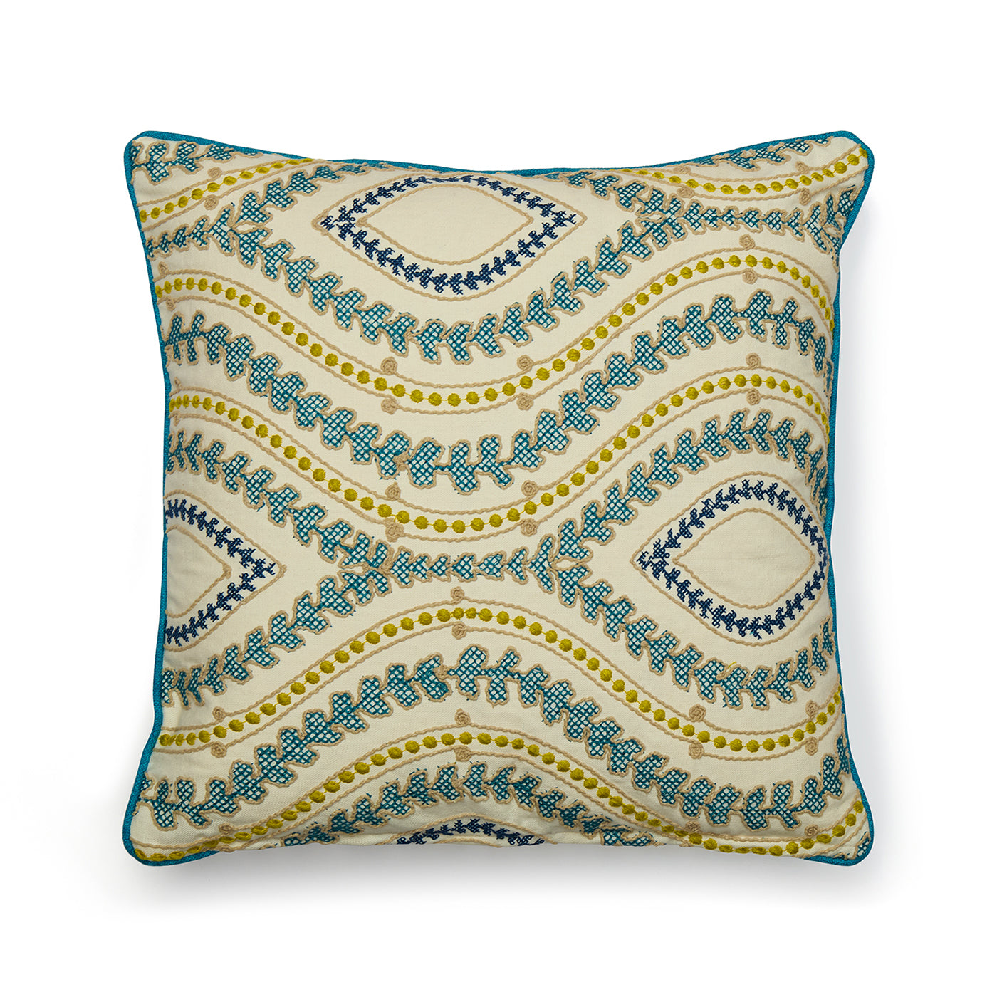 Dual tone blues and yellows square cushion featuring intricate Blendworth Villefranche embroidery. The detailed stitching forms wavy geometric patterns, showcasing artisanal craftsmanship and superior textural quality.